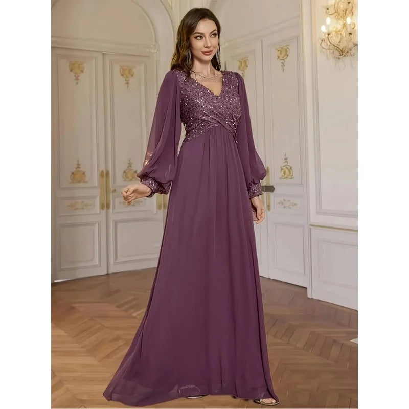Elegant V-Neck Sequined Chiffon Evening Dress for Women – Glittering Formal Gown for Weddings, Parties & Special Occasions