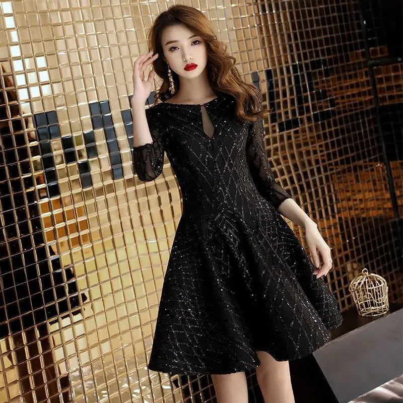 Elegant Solid Color Silk Dress for Women Round Neck Three-Quarter Sleeve Hollow-Out Dress for Spring & Summer