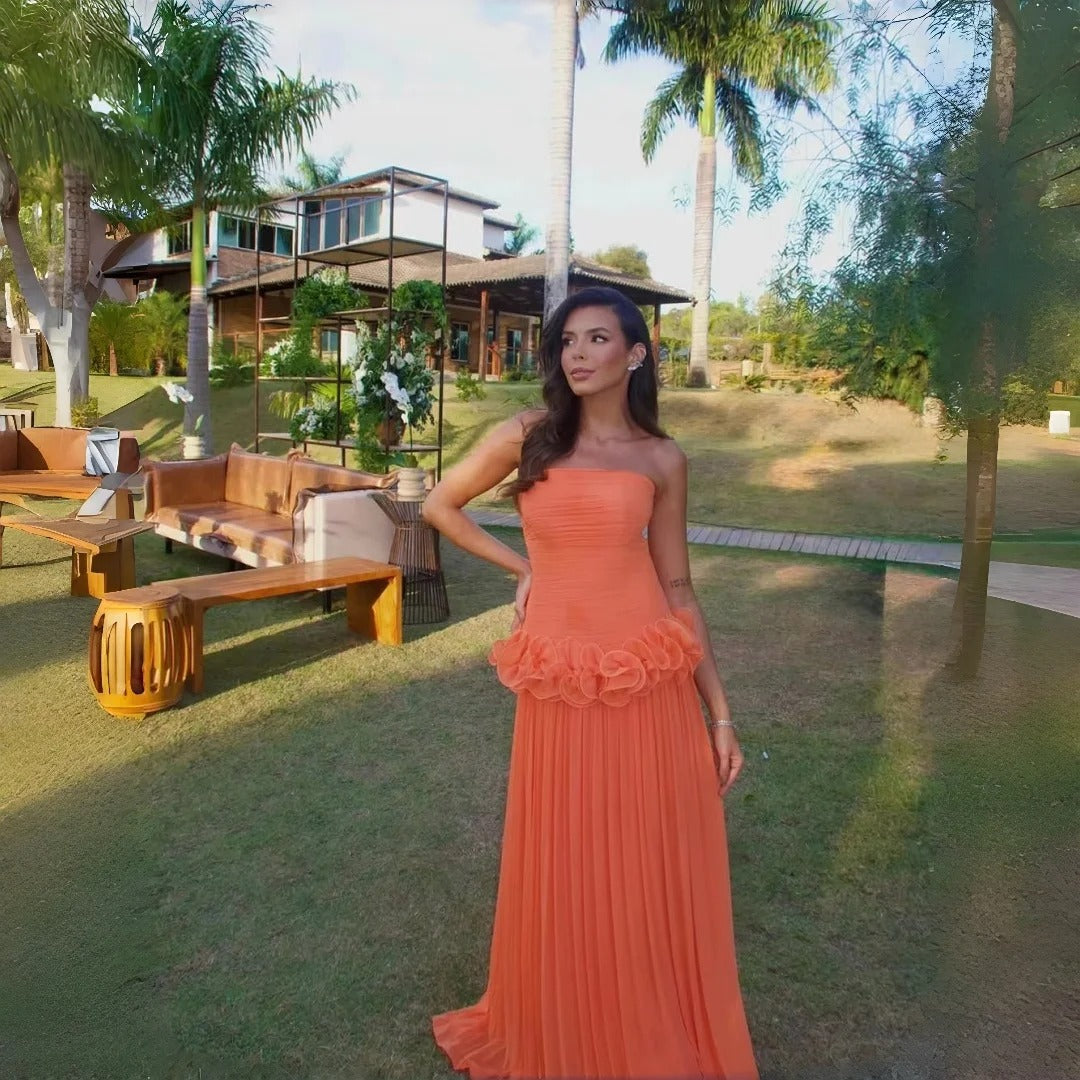 Luxury Orange Chiffon Pleated Prom Dress for Women – Elegant Formal Evening Gown for Engagements, Parties & Special Occasions