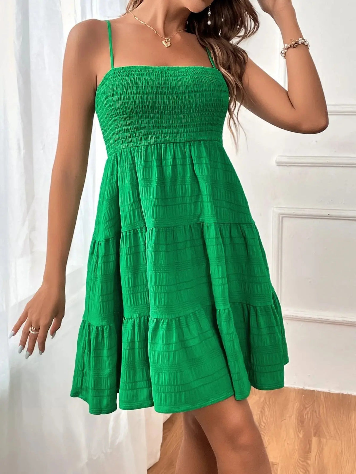 Blue Spaghetti Strap Mini Dress for Women Smocked Bustier Ruffled Tiered Swing Dress for Summer, Beach & Vacation