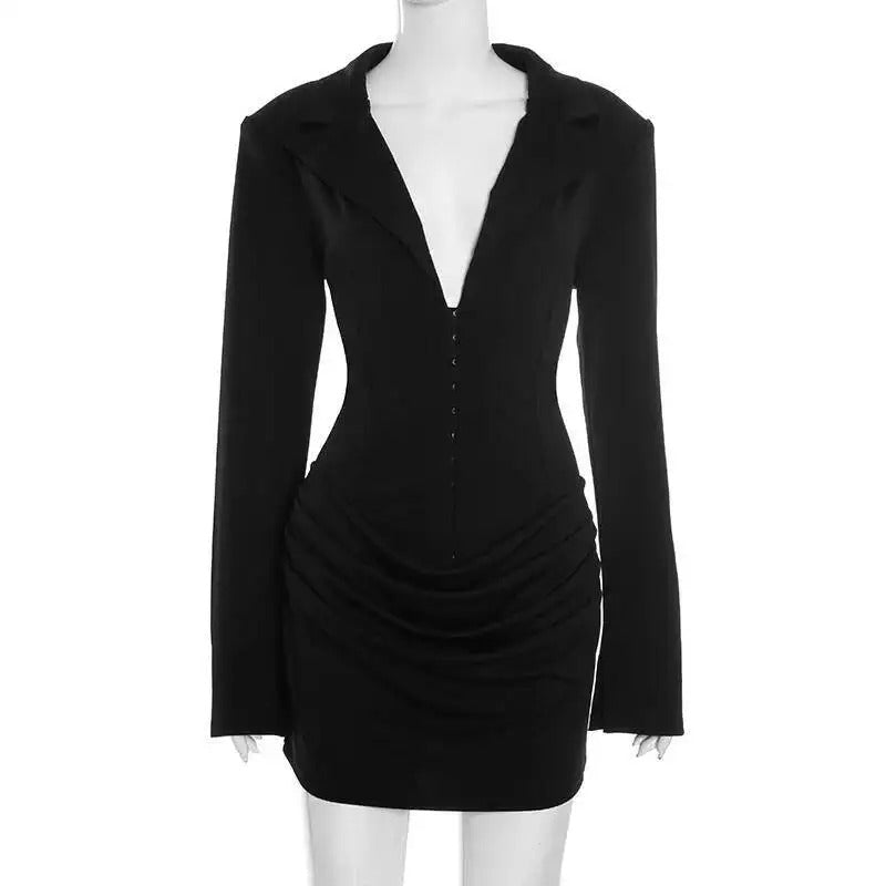 Elegant Pleated Bodycon Mini Dress for Women – Long Sleeve Blazer Style Party Dress for Autumn & Winter