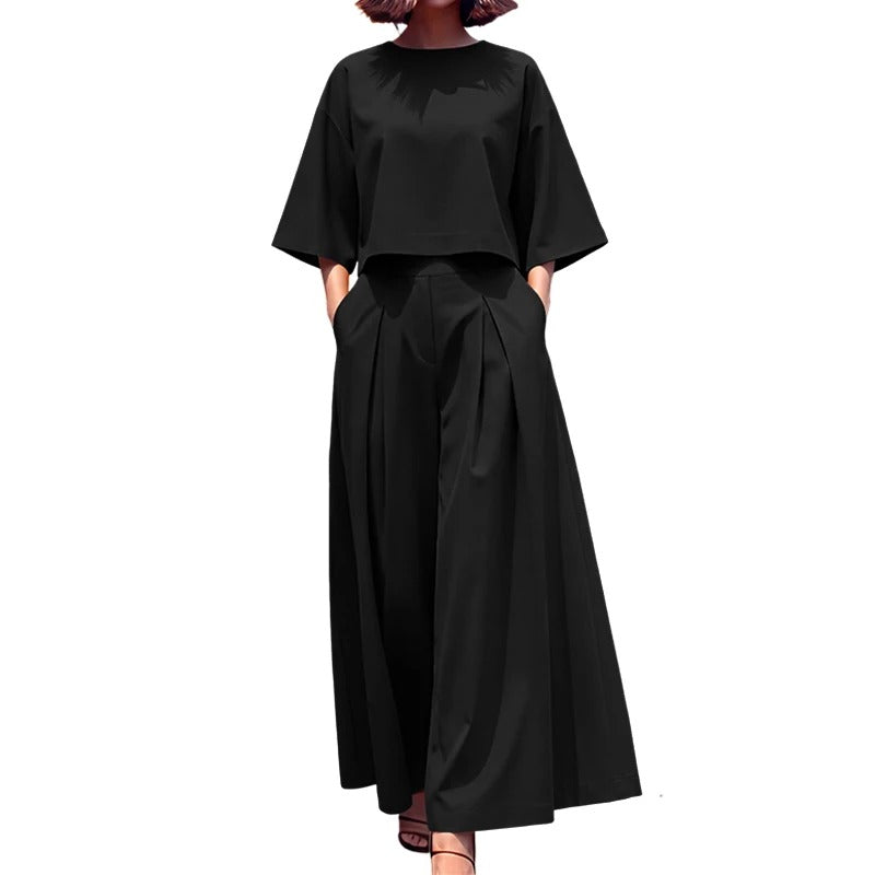 Elegant 2-Piece Women’s Matching Set Boat Neck 3/4 Sleeve Crop Top & Wide Leg Pants Co-Ord Set for Office & Everyday Wear