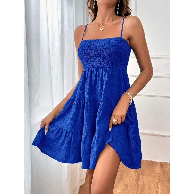 Blue Spaghetti Strap Mini Dress for Women Smocked Bustier Ruffled Tiered Swing Dress for Summer, Beach & Vacation