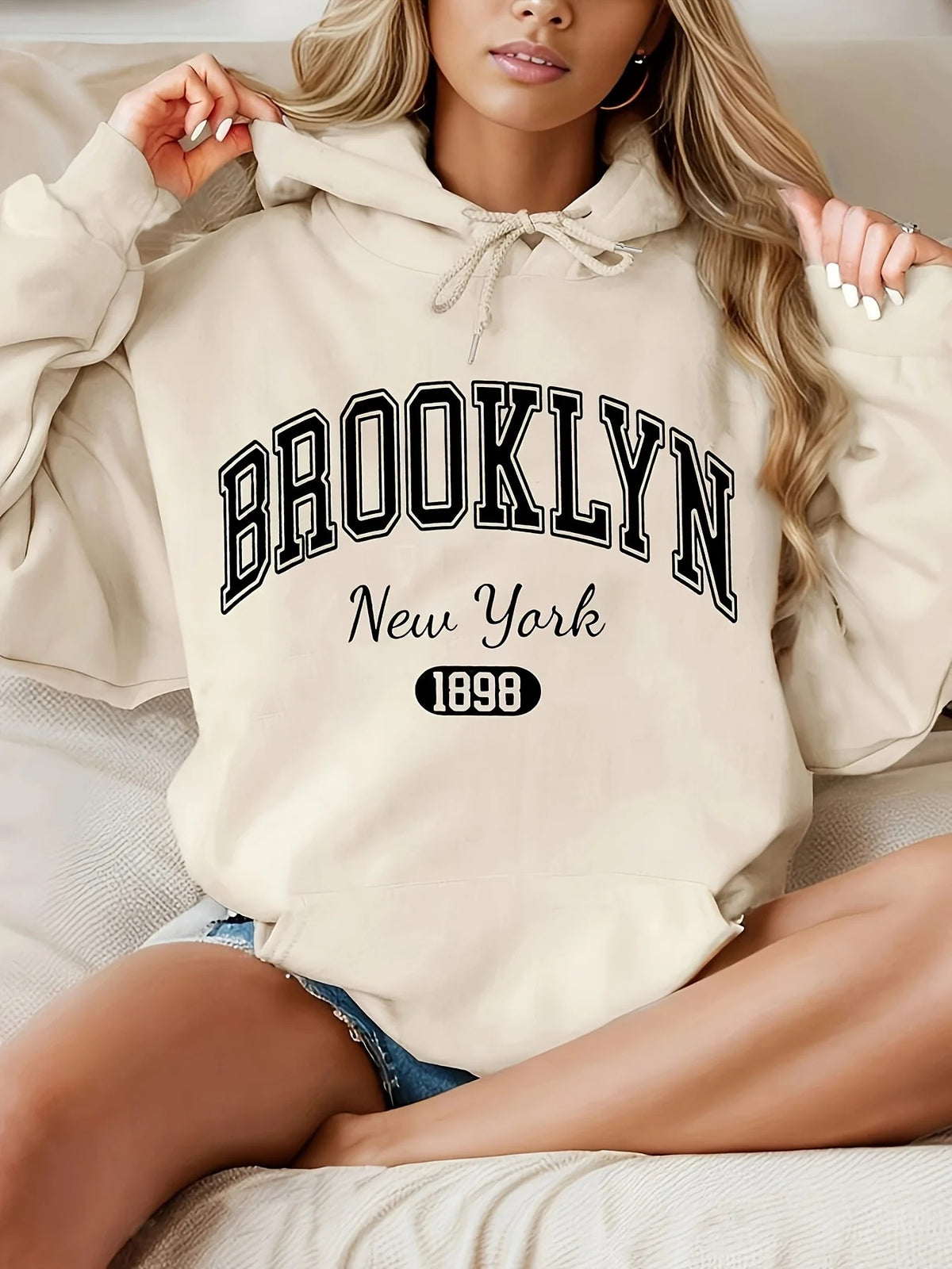 Brooklyn New York 1898 Women’s Hoodie Casual Hooded Pullover Sweatshirt with Drawstring & Graphic Letter Print