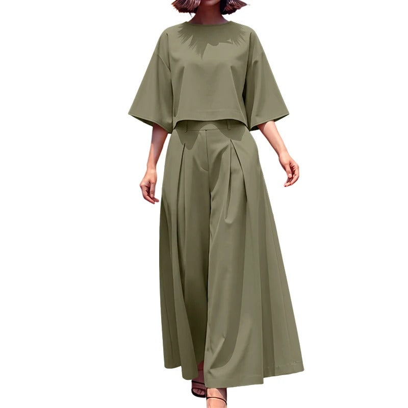 Elegant 2-Piece Women’s Matching Set Boat Neck 3/4 Sleeve Crop Top & Wide Leg Pants Co-Ord Set for Office & Everyday Wear