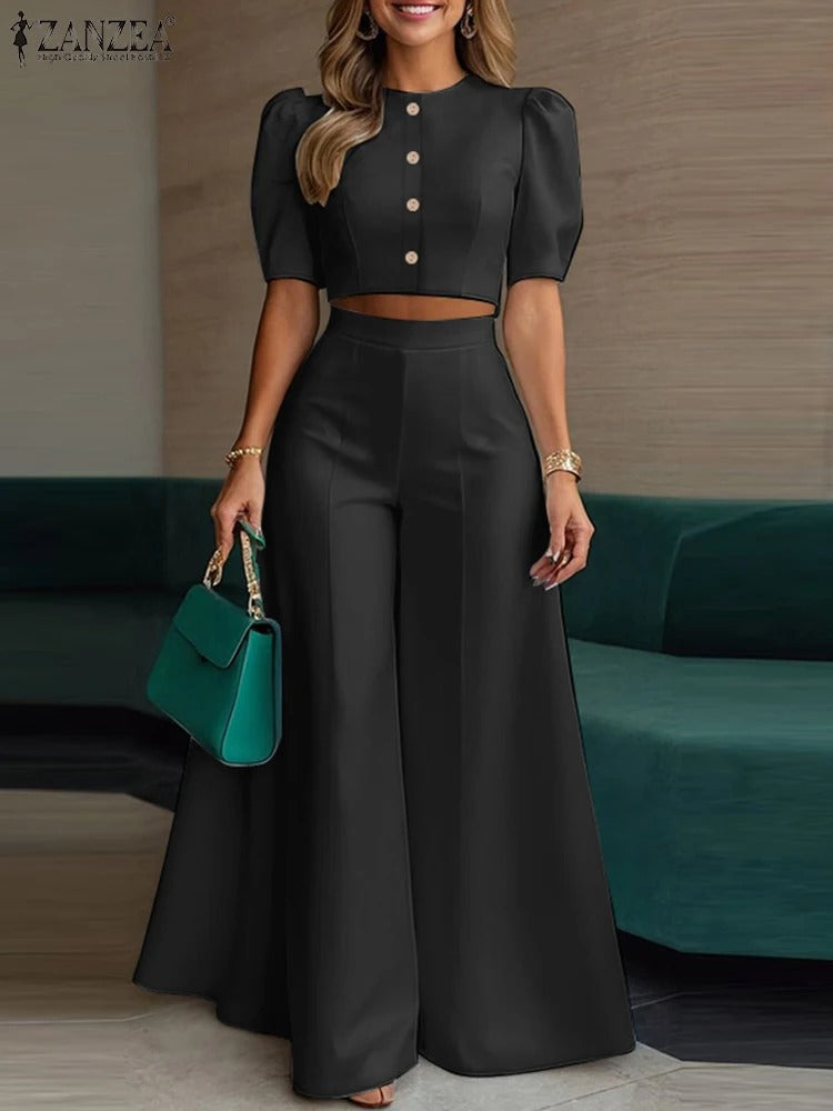 Elegant 2-Piece Women’s Trousers Suit Set Short Sleeve Blouse & Wide Leg Pants Matching Set for Work, Office & Summer