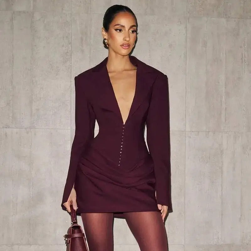Elegant Pleated Bodycon Mini Dress for Women – Long Sleeve Blazer Style Party Dress for Autumn & Winter