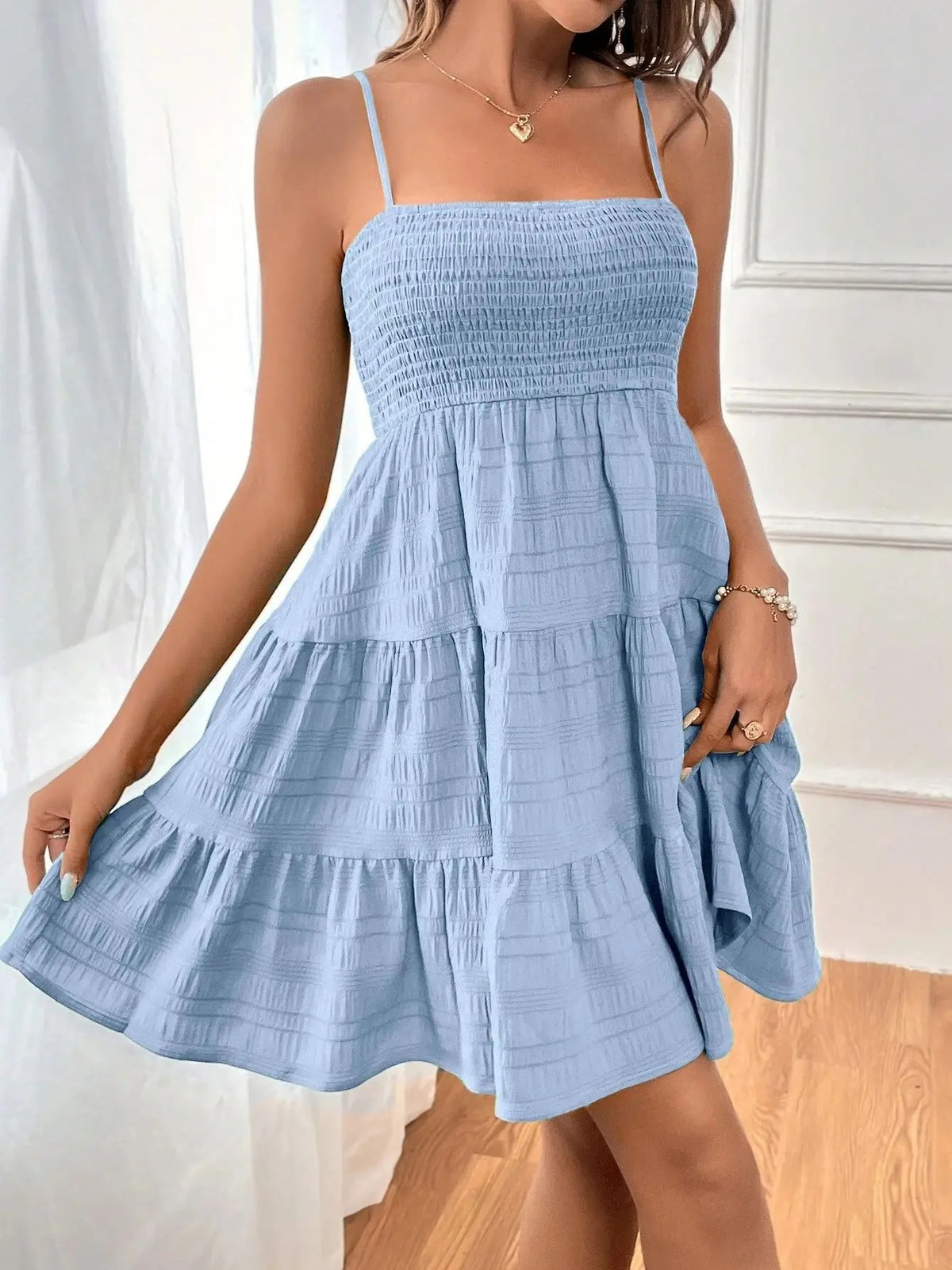 Blue Spaghetti Strap Mini Dress for Women Smocked Bustier Ruffled Tiered Swing Dress for Summer, Beach & Vacation