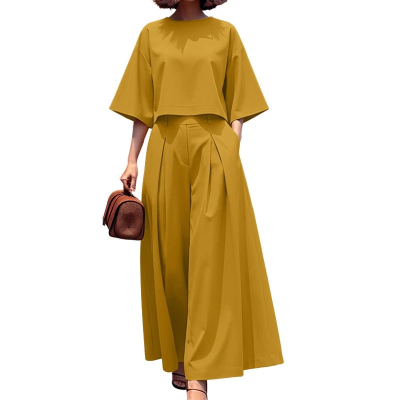 Elegant 2-Piece Women’s Matching Set Boat Neck 3/4 Sleeve Crop Top & Wide Leg Pants Co-Ord Set for Office & Everyday Wear