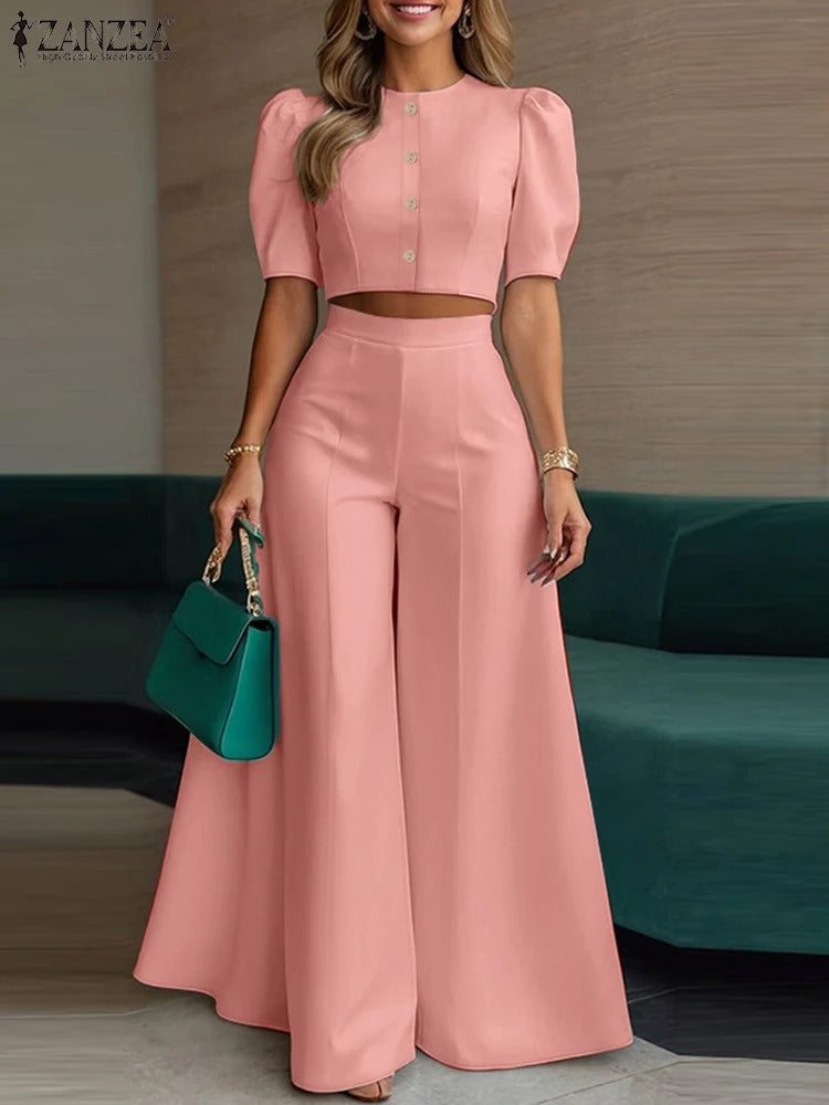 Elegant 2-Piece Women’s Trousers Suit Set Short Sleeve Blouse & Wide Leg Pants Matching Set for Work, Office & Summer